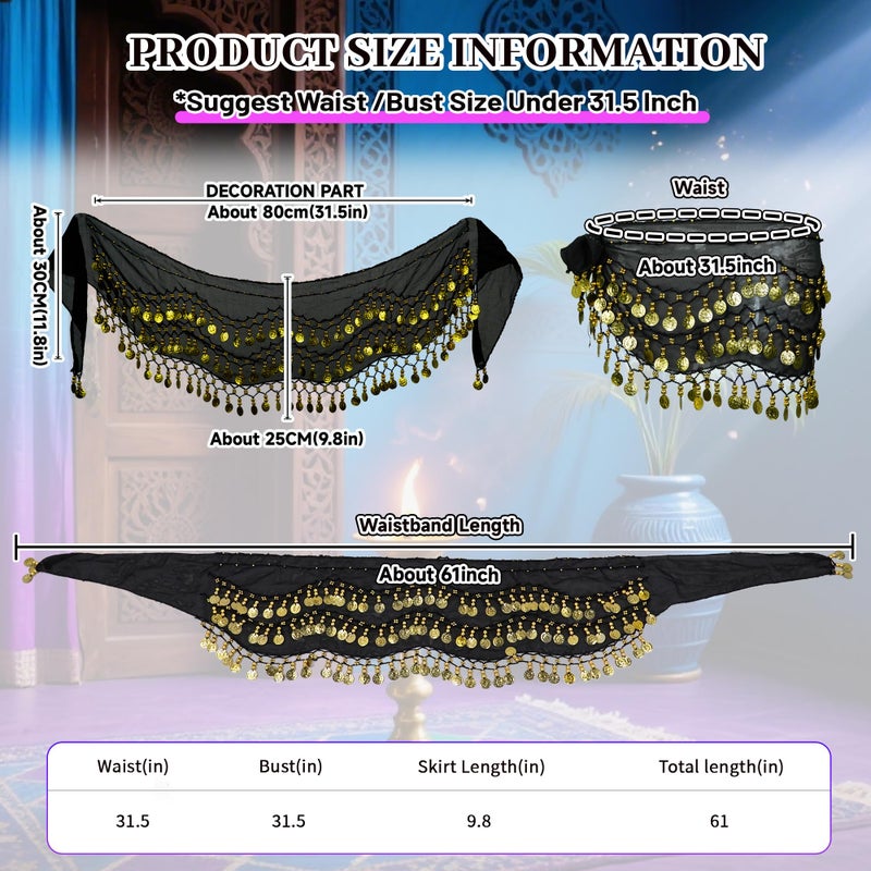 Baisdan Belly Dance Hip Scarf 2 Piece  Belly Dance Skirt and Top Set  Dancing Coin Skirts for Women  Halloween Costume  2Pack  Black - Image 3